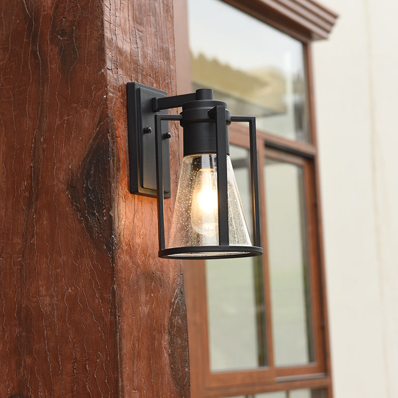 1 Light Conical Sconce Light Industrial Black Seeded Glass Wall Lamp with Metal Cage Black Clearhalo 'Wall Lamps & Sconces' 'Wall Lights' Lighting' 150025