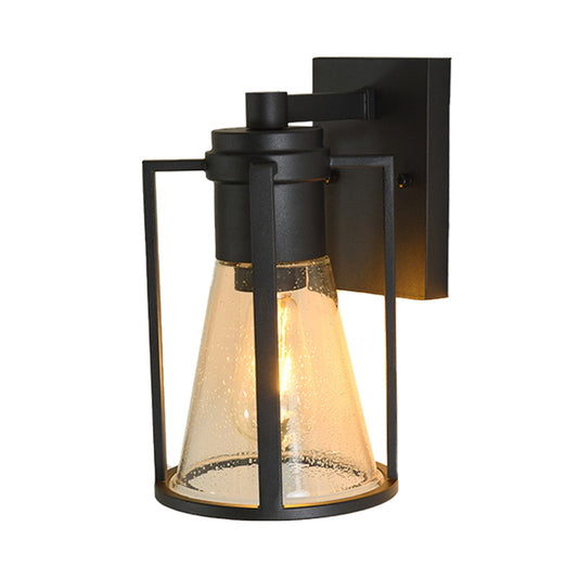 1 Light Conical Sconce Light Industrial Black Seeded Glass Wall Lamp with Metal Cage Clearhalo 'Wall Lamps & Sconces' 'Wall Lights' Lighting' 150027