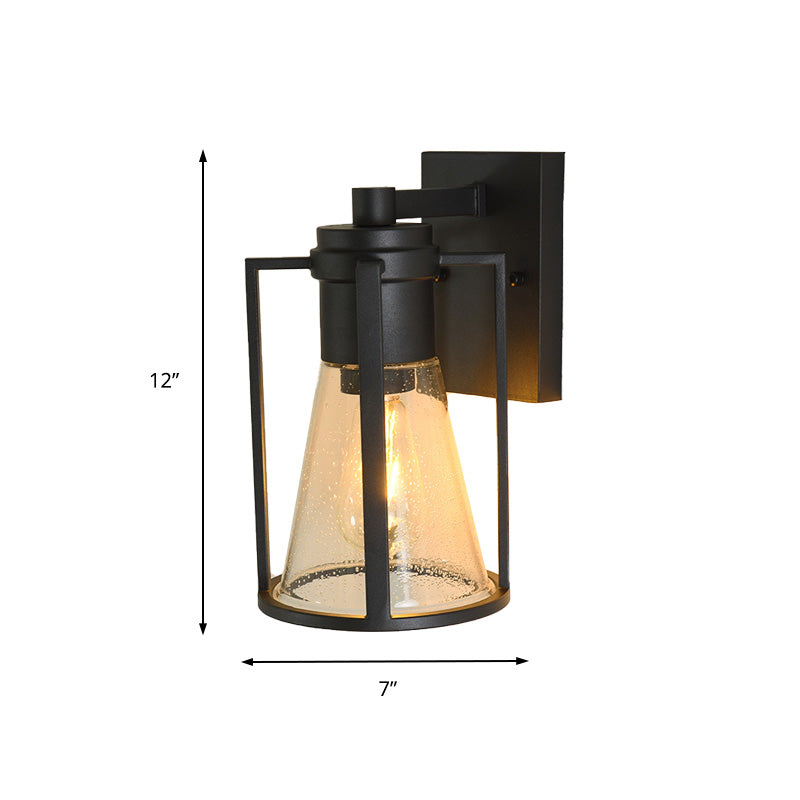 1 Light Conical Sconce Light Industrial Black Seeded Glass Wall Lamp with Metal Cage Clearhalo 'Wall Lamps & Sconces' 'Wall Lights' Lighting' 150028