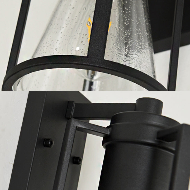 1 Light Conical Sconce Light Industrial Black Seeded Glass Wall Lamp with Metal Cage Clearhalo 'Wall Lamps & Sconces' 'Wall Lights' Lighting' 150030