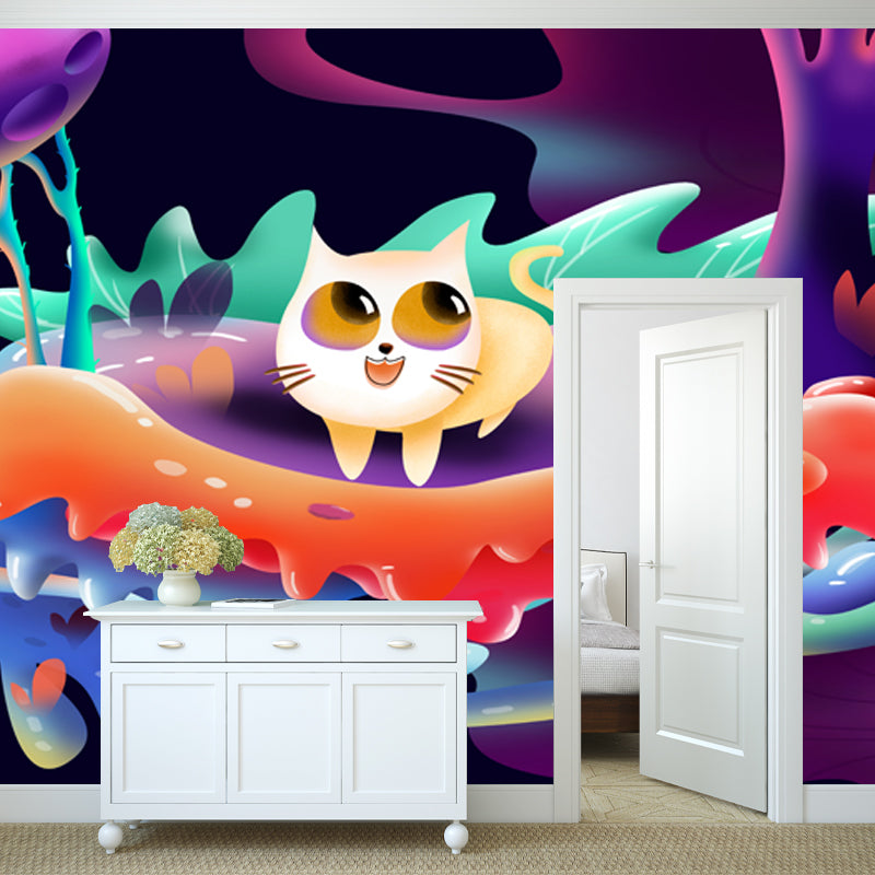 Big Childrens Art Mural Purple Cat Playing in Forest Wall Covering, Made to Measure Purple Clearhalo 'Wall Decor' 'Wall Mural' 1501336