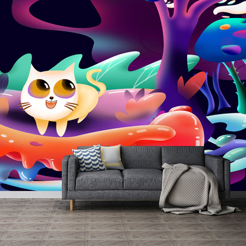 Big Childrens Art Mural Purple Cat Playing in Forest Wall Covering, Made to Measure Clearhalo 'Wall Decor' 'Wall Mural' 1501338