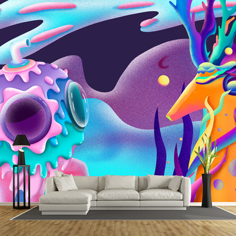 Illustration Deer and Ball Mural for Living Room, Blur-Purple, Personalized Size Blue Clearhalo 'Wall Decor' 'Wall Mural' 1501351