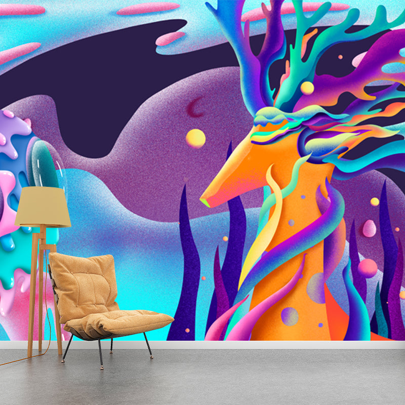 Illustration Deer and Ball Mural for Living Room, Blur-Purple, Personalized Size Clearhalo 'Wall Decor' 'Wall Mural' 1501353