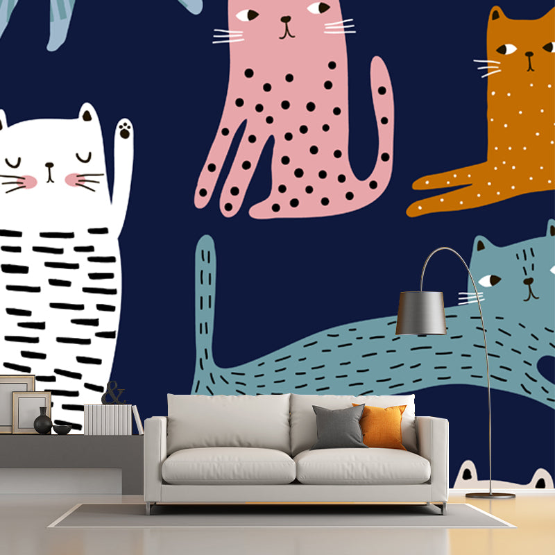 Illustration Cat Wallpaper Mural Large Wall Decor for Kids Bedroom, Custom Printed Blue Clearhalo 'Wall Decor' 'Wall Mural' 1501386