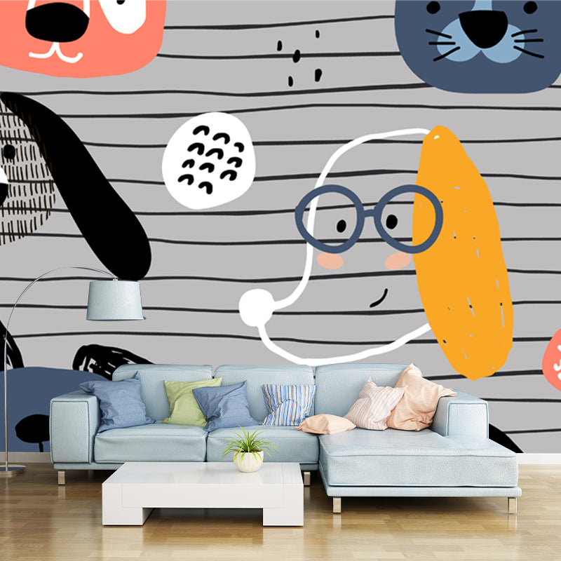 Whole Cartoon Wallpaper Mural Grey Dog Head on Stripe Background Wall Art, Size Optional Clearhalo 'Wall Decor' 'Wall Mural' 1501457