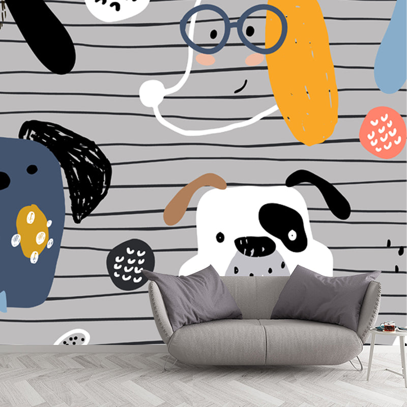 Whole Cartoon Wallpaper Mural Grey Dog Head on Stripe Background Wall Art, Size Optional Clearhalo 'Wall Decor' 'Wall Mural' 1501458