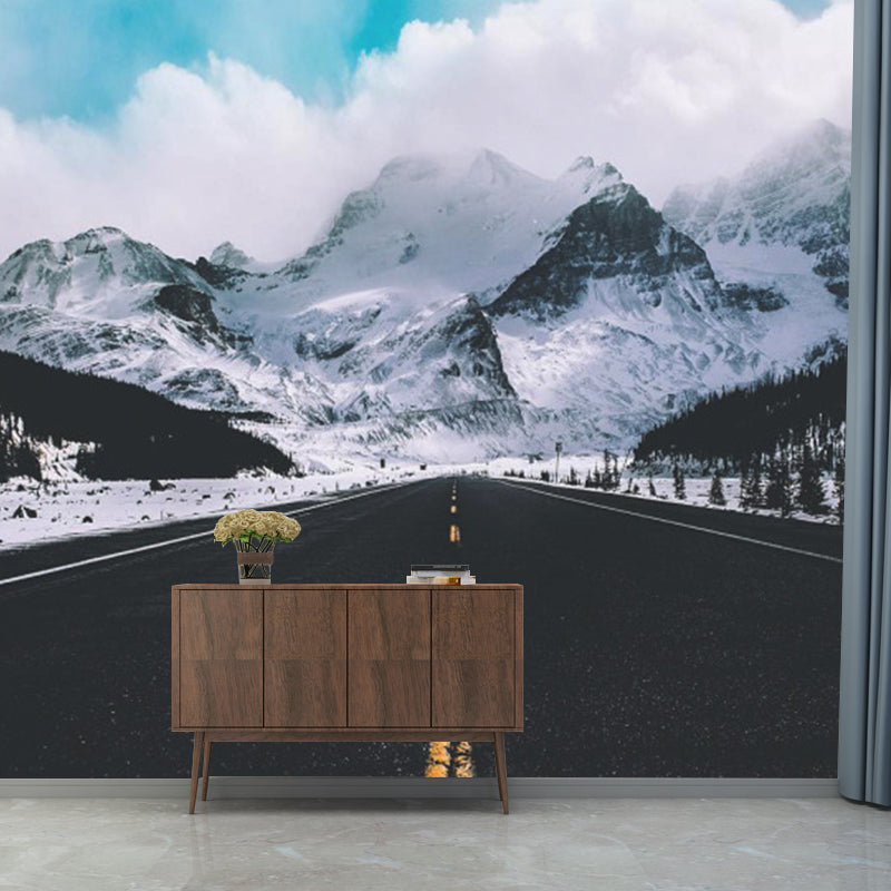 Big Contemporary Wall Paper Mural Black Straight Road to Snow Mountain Wall Covering, Custom Size Black Clearhalo 'Wall Decor' 'Wall Mural' 1501669