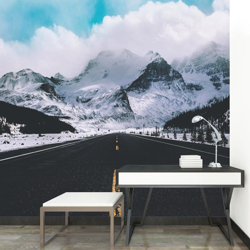 Big Contemporary Wall Paper Mural Black Straight Road to Snow Mountain Wall Covering, Custom Size Clearhalo 'Wall Decor' 'Wall Mural' 1501670