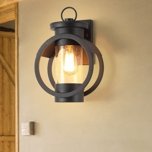 1 Light Cylinder Sconce Light Vintage Black Clear Seedy Glass Wall Lamp with Round Frame Black Clearhalo 'Art deco wall lights' 'Cast Iron' 'Glass' 'Industrial wall lights' 'Industrial' 'Middle century wall lights' 'Modern' 'Rustic wall lights' 'Tiffany' 'Traditional wall lights' 'Wall Lamps & Sconces' 'Wall Lights' Lighting' 150167