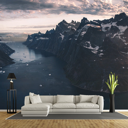 Huge Modern Mural in Black Man Stand on Peak by the Riverside with Snow Melting Wall Decor, Custom Made Clearhalo 'Wall Decor' 'Wall Mural' 1501731
