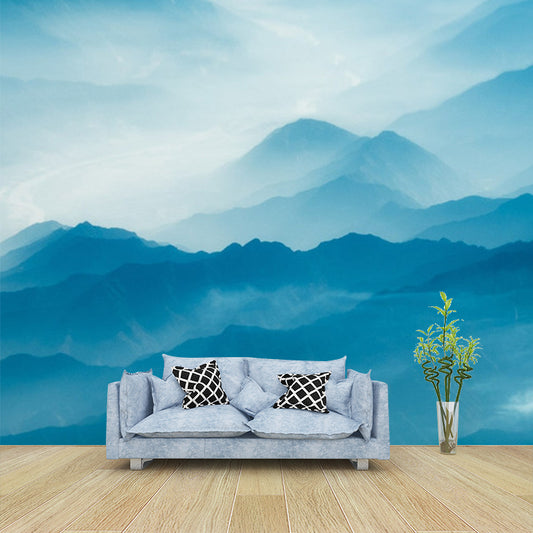 Modern Landscape Wallpaper Mural Blue Smoggy Mountain with Curved River Wall Art Clearhalo 'Wall Decor' 'Wall Mural' 1501765