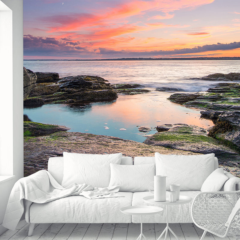 Sunset River Shore Scene Mural Decal Modern Non-Woven Material Wall Decor in Orange Clearhalo 'Wall Decor' 'Wall Mural' 1501851