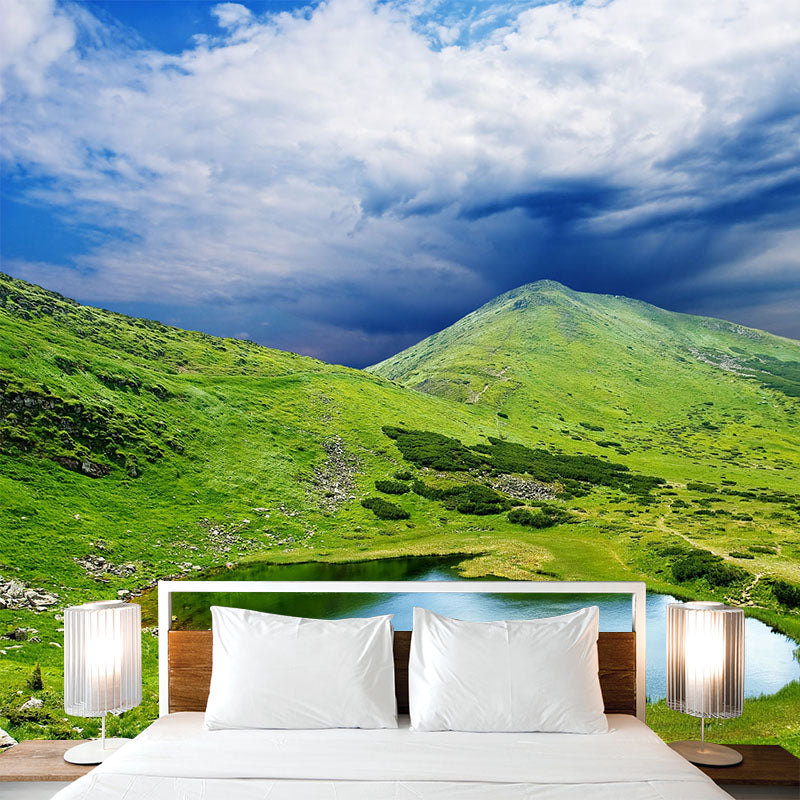 Beautiful Lake in Mountain Mural for Bedroom Landscape Wall Art in Green, Made to Measure Green Clearhalo 'Wall Decor' 'Wall Mural' 1501854