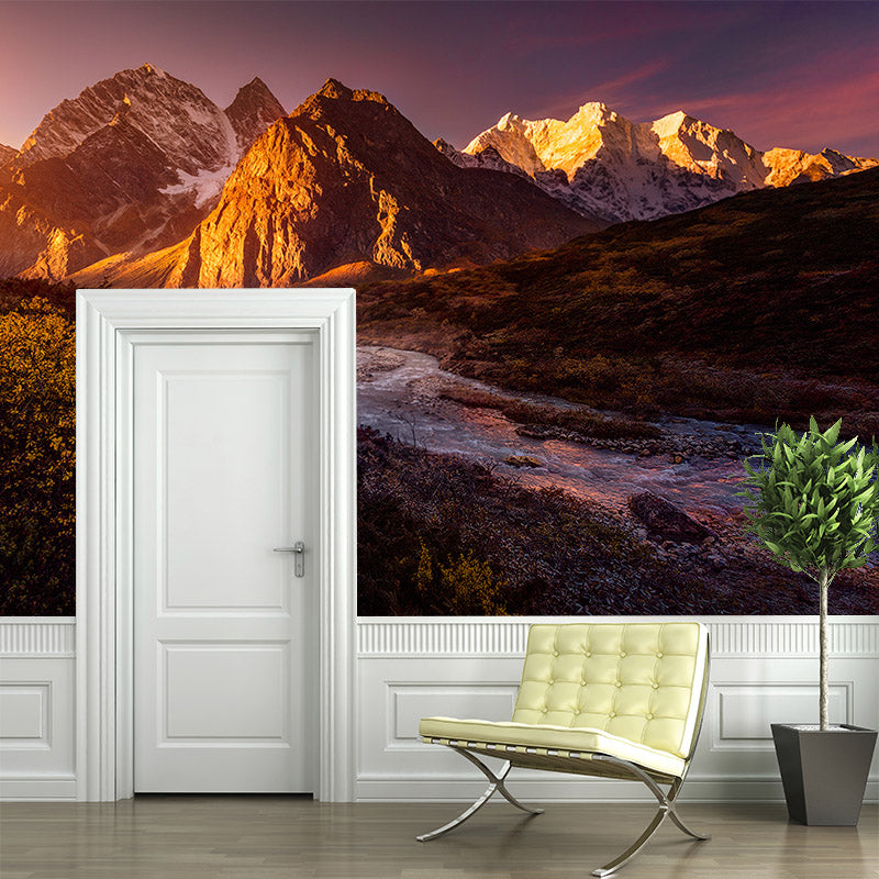 Big Sunset Landscape Mural for Home Stream Flowing Across Mountain Wall Covering in Orange, Washable Clearhalo 'Wall Decor' 'Wall Mural' 1501890