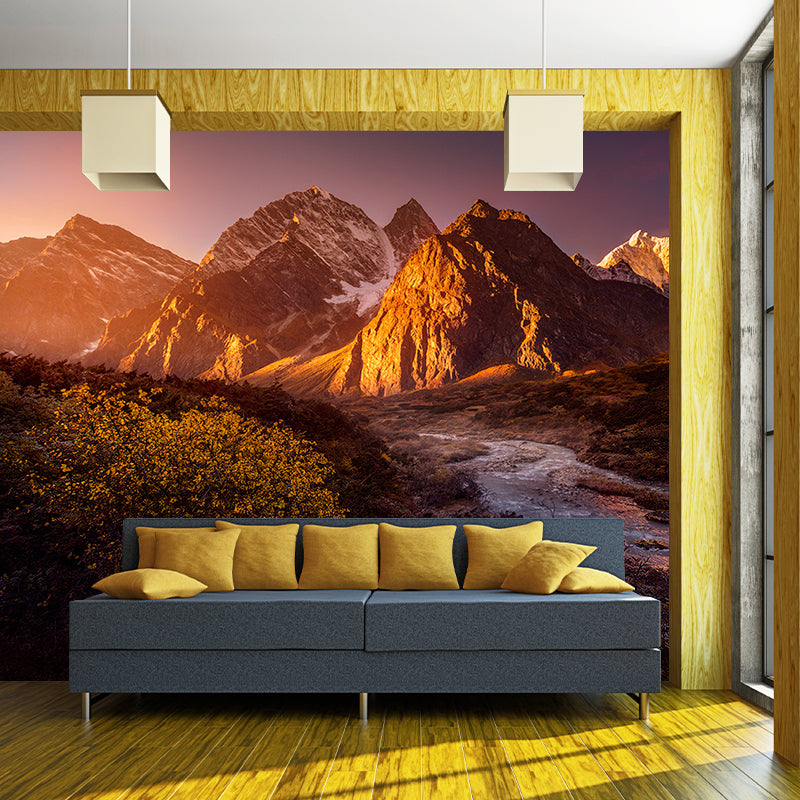 Big Sunset Landscape Mural for Home Stream Flowing Across Mountain Wall Covering in Orange, Washable Clearhalo 'Wall Decor' 'Wall Mural' 1501891