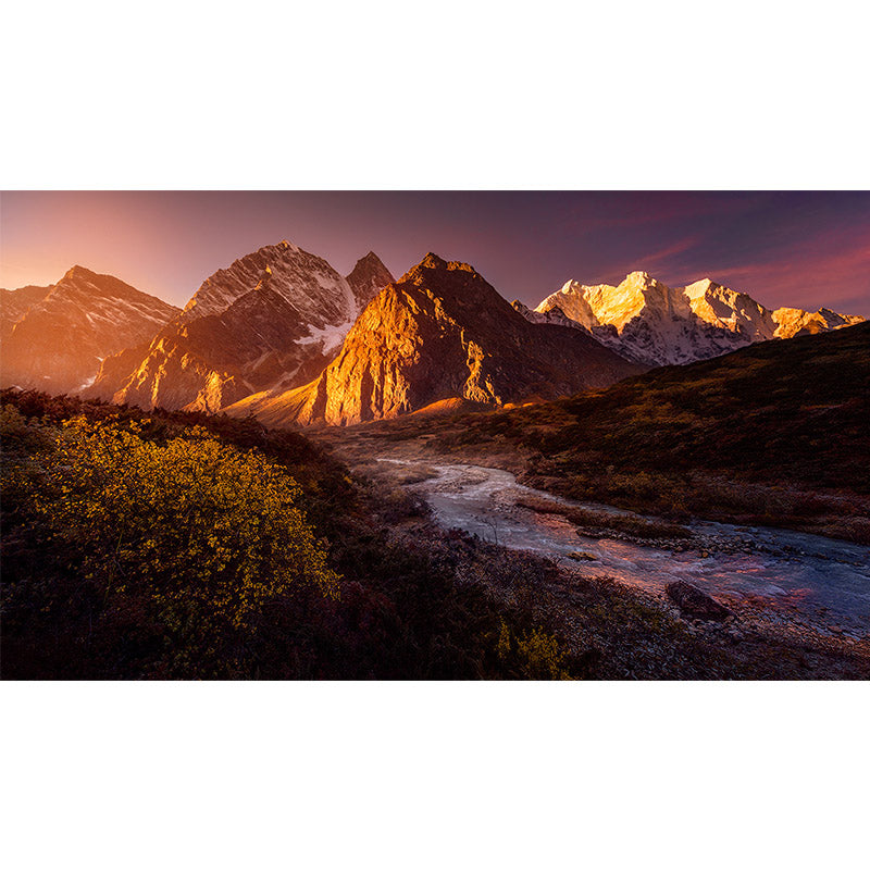 Big Sunset Landscape Mural for Home Stream Flowing Across Mountain Wall Covering in Orange, Washable Clearhalo 'Wall Decor' 'Wall Mural' 1501892