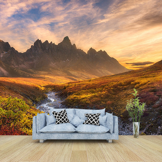 Modern Sunset Mountain Landscape Mural Brown Autumn Meadows and Drying River Wall Art Clearhalo 'Wall Decor' 'Wall Mural' 1501936