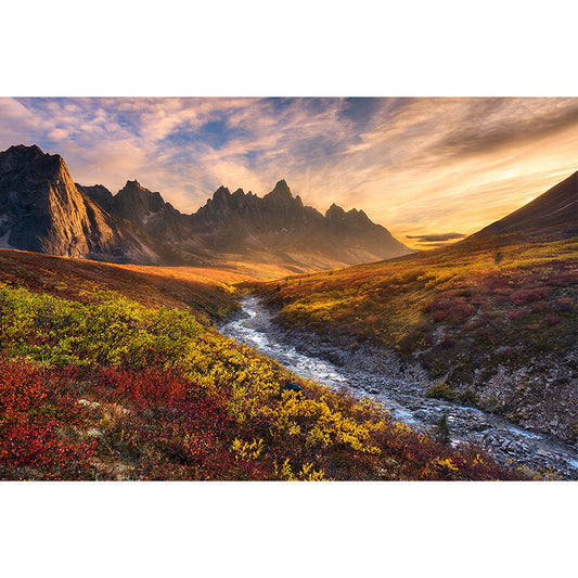 Modern Sunset Mountain Landscape Mural Brown Autumn Meadows and Drying River Wall Art Clearhalo 'Wall Decor' 'Wall Mural' 1501937