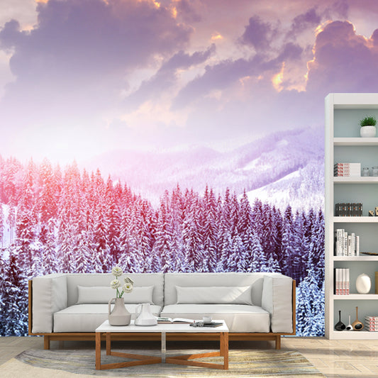 Pink Winter Cypress Mountain Mural Decal Stain Resistant Wall Covering for Accent Wall Clearhalo 'Wall Decor' 'Wall Mural' 1501985