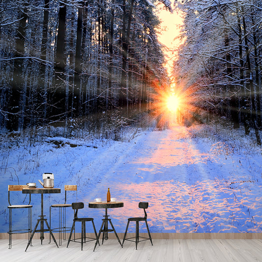 Sunset Snowy Forest Path Mural Modernist Non-Woven Wall Art in Grey for Living Room Clearhalo 'Wall Decor' 'Wall Mural' 1502015