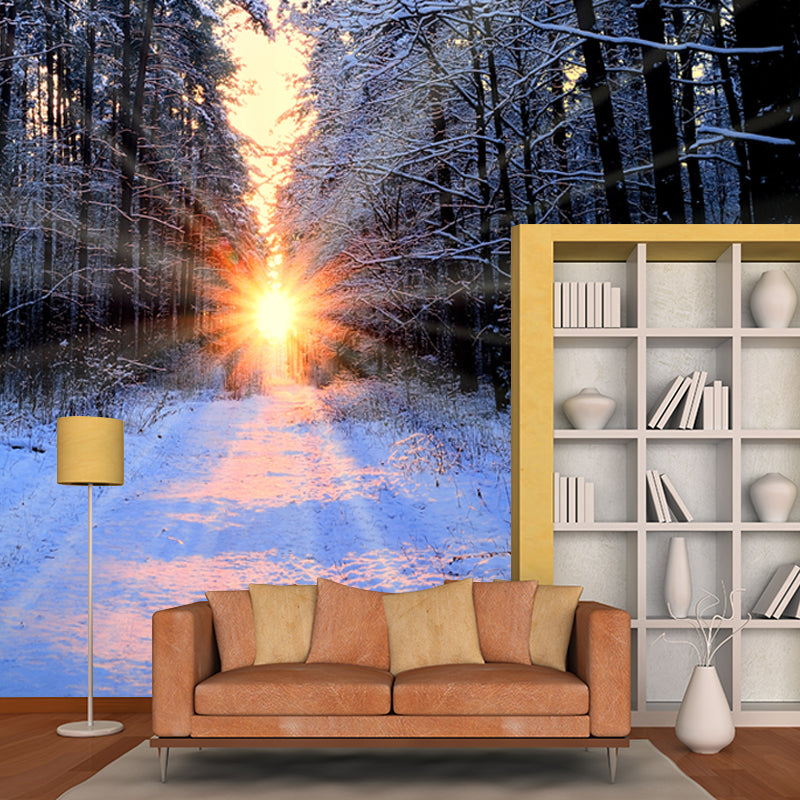 Sunset Snowy Forest Path Mural Modernist Non-Woven Wall Art in Grey for Living Room Clearhalo 'Wall Decor' 'Wall Mural' 1502016