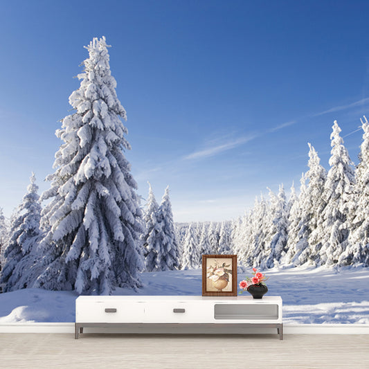 Contemporary Winter Cypress Mural Blue Snowy Scenery Wall Covering for Accent Wall Clearhalo 'Wall Decor' 'Wall Mural' 1502020