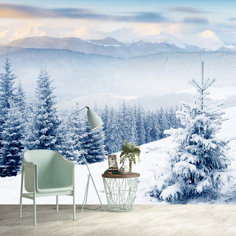 White Snow Scenery Mural Wallpaper Cypress with Rime Modern Washable Wall Covering White Clearhalo 'Wall Decor' 'Wall Mural' 1502104