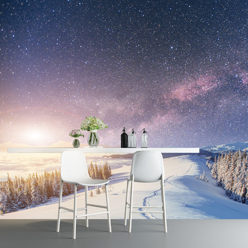 Big Snowy Cypress Road Mural Stain-Resistant Nordic Living Room Wall Art in Blue Clearhalo 'Wall Decor' 'Wall Mural' 1502150