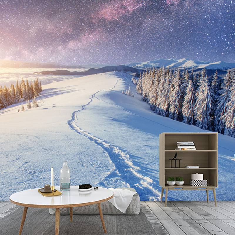 Big Snowy Cypress Road Mural Stain-Resistant Nordic Living Room Wall Art in Blue Clearhalo 'Wall Decor' 'Wall Mural' 1502151