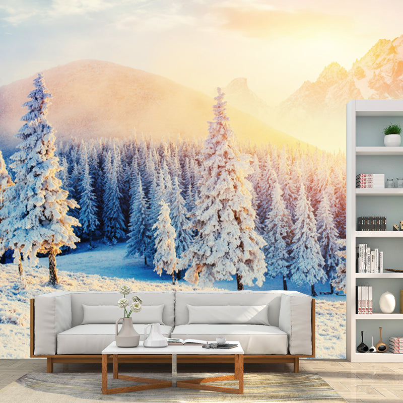 Sunshine on Snowy Cypress Mural Brown Modern Style Wall Covering for Living Room Brown Clearhalo 'Wall Decor' 'Wall Mural' 1502159