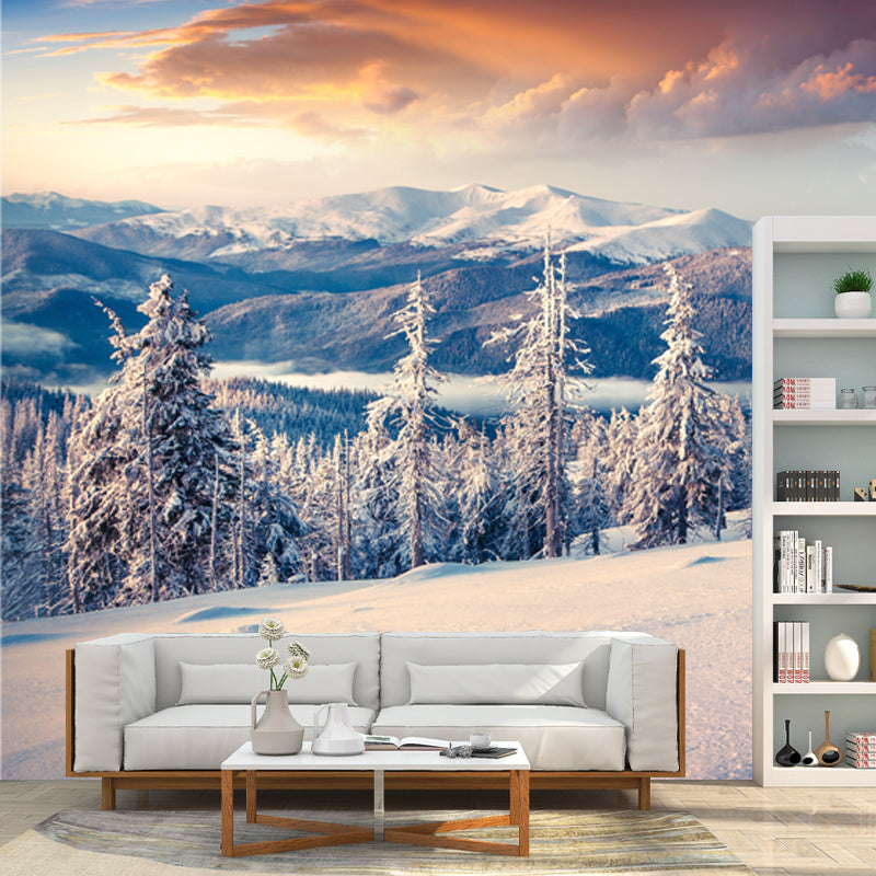 Big Modern Mural Decal White Aerial View of Cypress and Snow Mountain Wall Decor, Custom Printed Clearhalo 'Wall Decor' 'Wall Mural' 1502200