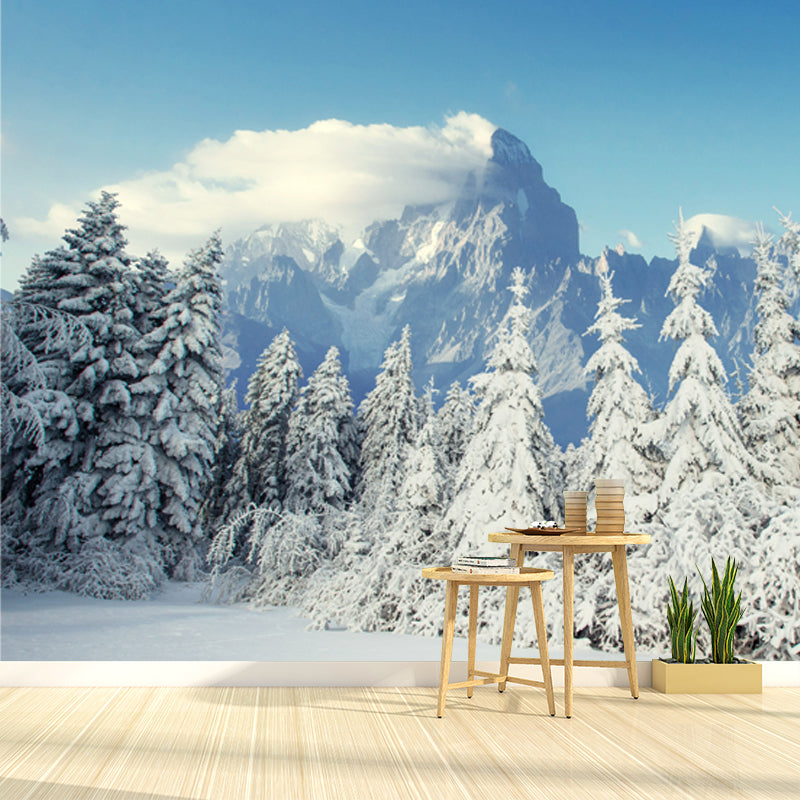 Winter Snow Cypress Scenery Mural Modern Non-Woven Fabric Wall Covering in White Clearhalo 'Wall Decor' 'Wall Mural' 1502265