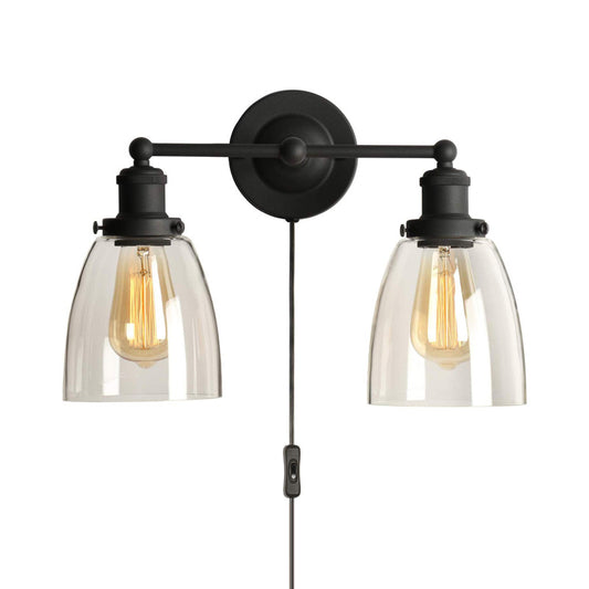 2-Light Tapered Sconce Light Industrial Black Clear Glass Wall Lamp with Plug-in Cord for Kitchen Clearhalo 'Art deco wall lights' 'Cast Iron' 'Glass' 'Industrial wall lights' 'Industrial' 'Middle century wall lights' 'Modern' 'Rustic wall lights' 'Tiffany' 'Traditional wall lights' 'Wall Lamps & Sconces' 'Wall Lights' Lighting' 150244