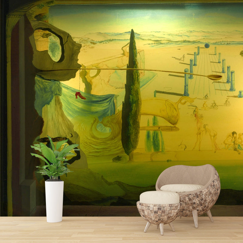 Surrealist Dali Artwork Mural Green Plaza View from Window Wall Decoration for Home Clearhalo 'Wall Decor' 'Wall Mural' 1502580