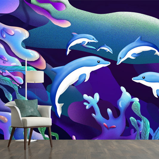 Kids Undersea Dolphin Wallpaper Mural Blue-Green Waterproof Wall Covering for Home Clearhalo 'Wall Decor' 'Wall Mural' 1502674