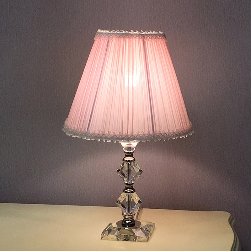 Candlestick Bedroom Desk Light Classic Clear Crystal 1-Head Pink Nightstand Lamp with Scalloped/Tapered Shade Clearhalo 'Lamps' 'Table Lamps' Lighting' 1502854