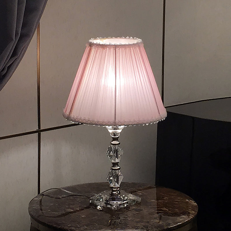 Candlestick Bedroom Desk Light Classic Clear Crystal 1-Head Pink Nightstand Lamp with Scalloped/Tapered Shade Clearhalo 'Lamps' 'Table Lamps' Lighting' 1502855