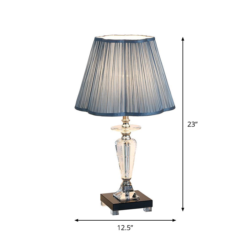 Blue 1 Light Night Table Lighting Traditional Fabric Floral Trim Shade Reading Lamp with Crystal Urn Base Clearhalo 'Lamps' 'Table Lamps' Lighting' 1502861