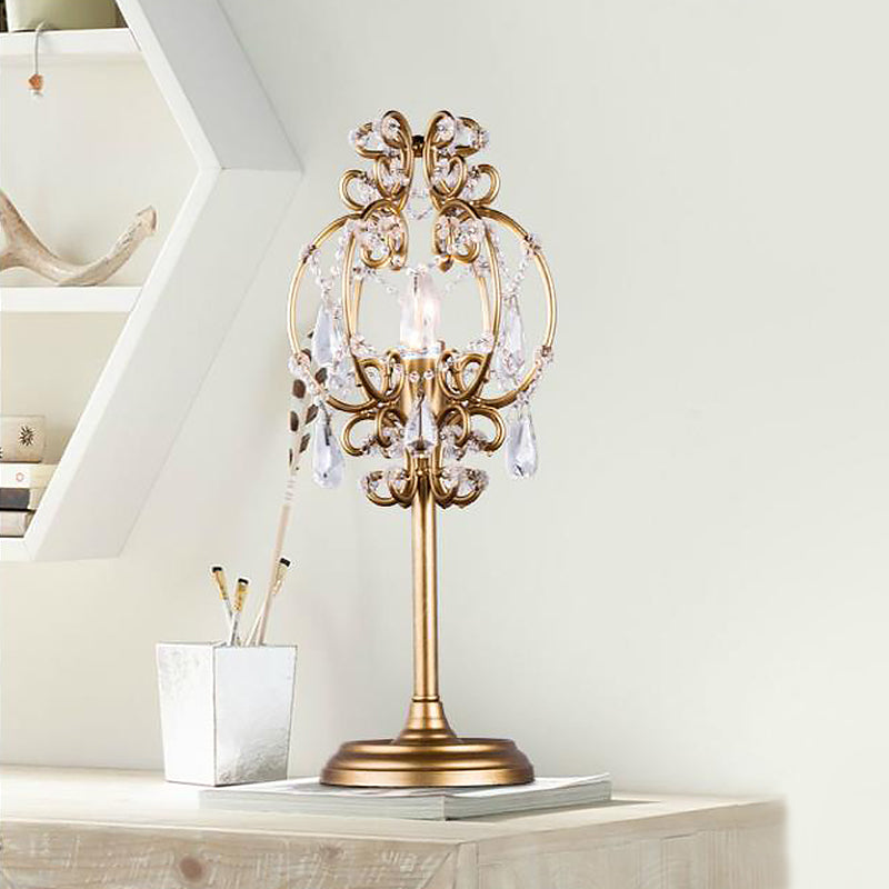 Retro Style Lantern Table Lamp Metal 1-Light Nightstand Lighting in White/Gold with Clear Crystal Drops Gold Clearhalo 'Lamps' 'Table Lamps' Lighting' 1502866