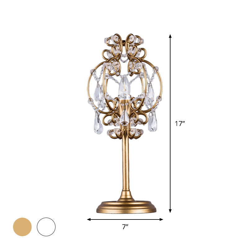 Retro Style Lantern Table Lamp Metal 1-Light Nightstand Lighting in White/Gold with Clear Crystal Drops Clearhalo 'Lamps' 'Table Lamps' Lighting' 1502869