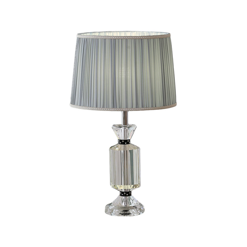 Drum Reading Lighting Rural Style Fabric Shade 1 Head Night Table Lamp in White/Blue with Clear Crystal Base Clearhalo 'Lamps' 'Table Lamps' Lighting' 1502880