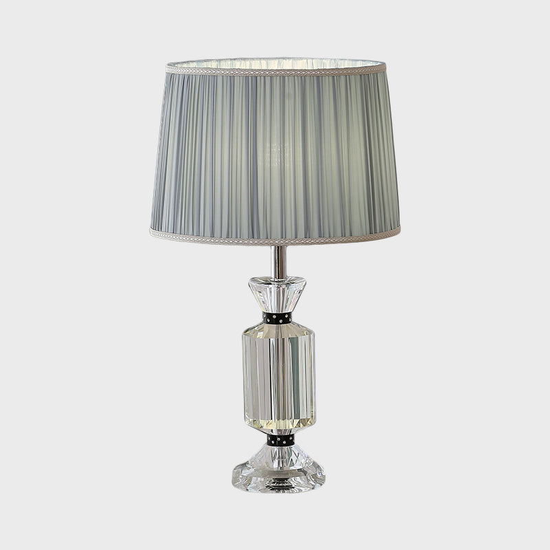 Drum Reading Lighting Rural Style Fabric Shade 1 Head Night Table Lamp in White/Blue with Clear Crystal Base Clearhalo 'Lamps' 'Table Lamps' Lighting' 1502881