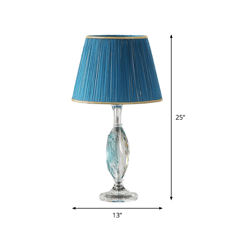 1 Head Oblong Base Night Light Traditional Clear Crystal Reading Lighting with Drum Blue Fabric Shade Clearhalo 'Lamps' 'Table Lamps' Lighting' 1502885