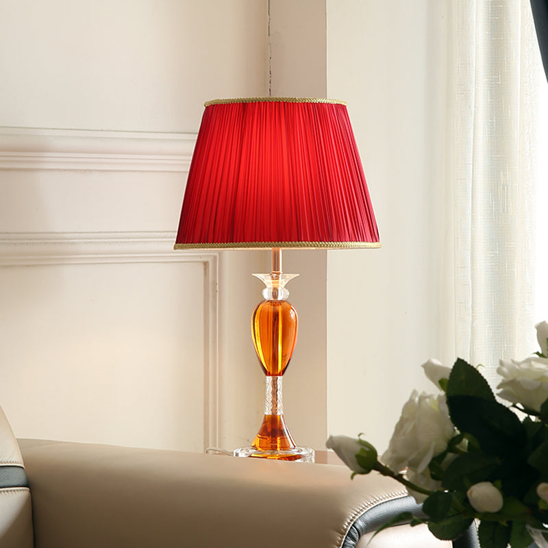 Red Urn Base Night Table Lighting Modernist 1-Head Clear Crystal Reading Lamp with Cone Fabric Shade Red Clearhalo 'Lamps' 'Table Lamps' Lighting' 1502906