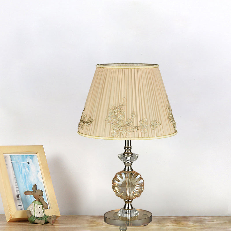 Beige Cone Night Lamp with Flower Design Modern Style Fabric Shade 1-Light Bedroom Desk Lighting Beige Clearhalo 'Lamps' 'Table Lamps' Lighting' 1502914