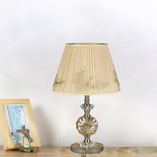 Beige Cone Night Lamp with Flower Design Modern Style Fabric Shade 1-Light Bedroom Desk Lighting Beige Clearhalo 'Lamps' 'Table Lamps' Lighting' 1502914