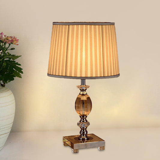 Modernist Font Nightstand Light Clear Crystal 1 Bulb Bedroom Desk Lighting in Beige with Pleated Shade Beige Clearhalo 'Lamps' 'Table Lamps' Lighting' 1502922
