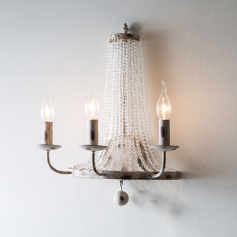 Distressed White 3 Heads Wall Sconce Classic Metal Candle Wall Mounted Light Fixture with Glass Strands Clearhalo 'Wall Lamps & Sconces' 'Wall Lights' Lighting' 1503042