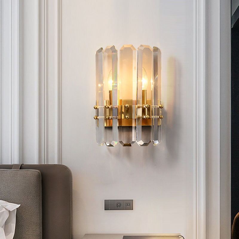 Half-Cylinder Wall Mount Lamp Modern Rectangle-Cut Crystal 2 Lights Hallway Flush Wall Sconce in Gold Clearhalo 'Modern wall lights' 'Modern' 'Wall Lamps & Sconces' 'Wall Lights' Lighting' 1503046